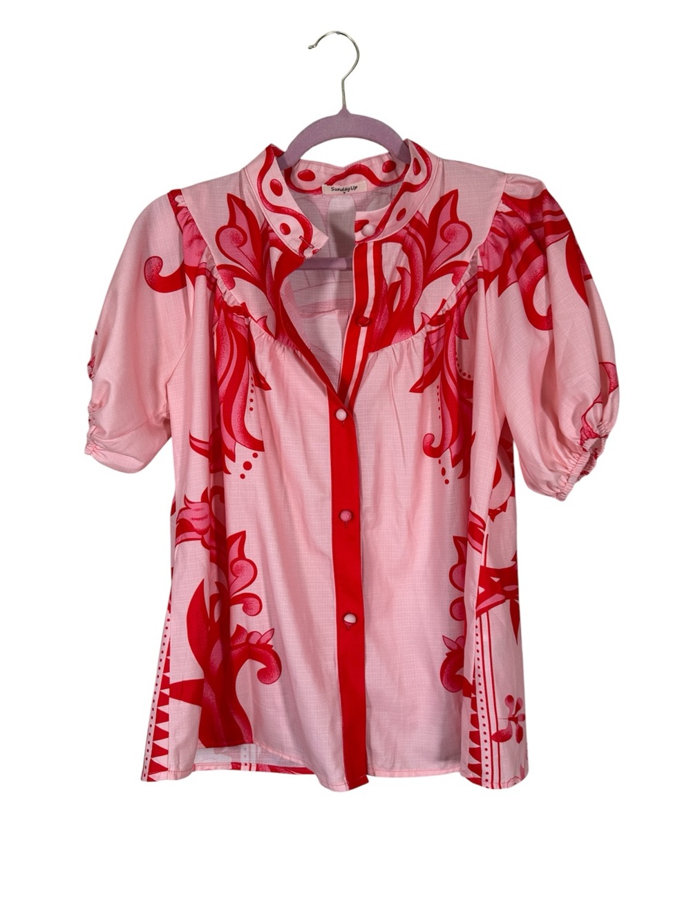 Sunday Up Pink Paisley Puff Sleeve Blouse Womens M Girly Coquette Shirt Top
